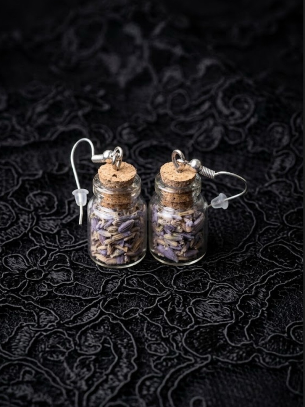 Handmade Mini Dried Lavender Glass Spell Jar Drop Earrings
